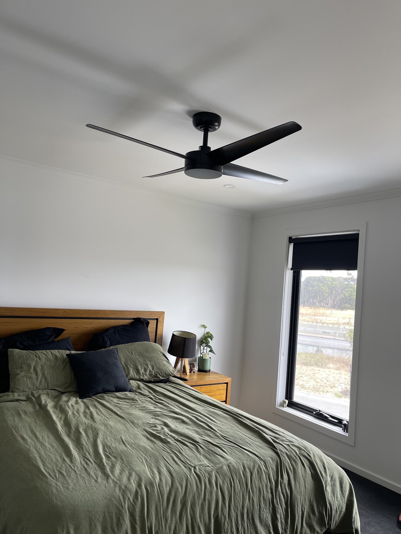 Black ceiling fan with light installed in a bedroom